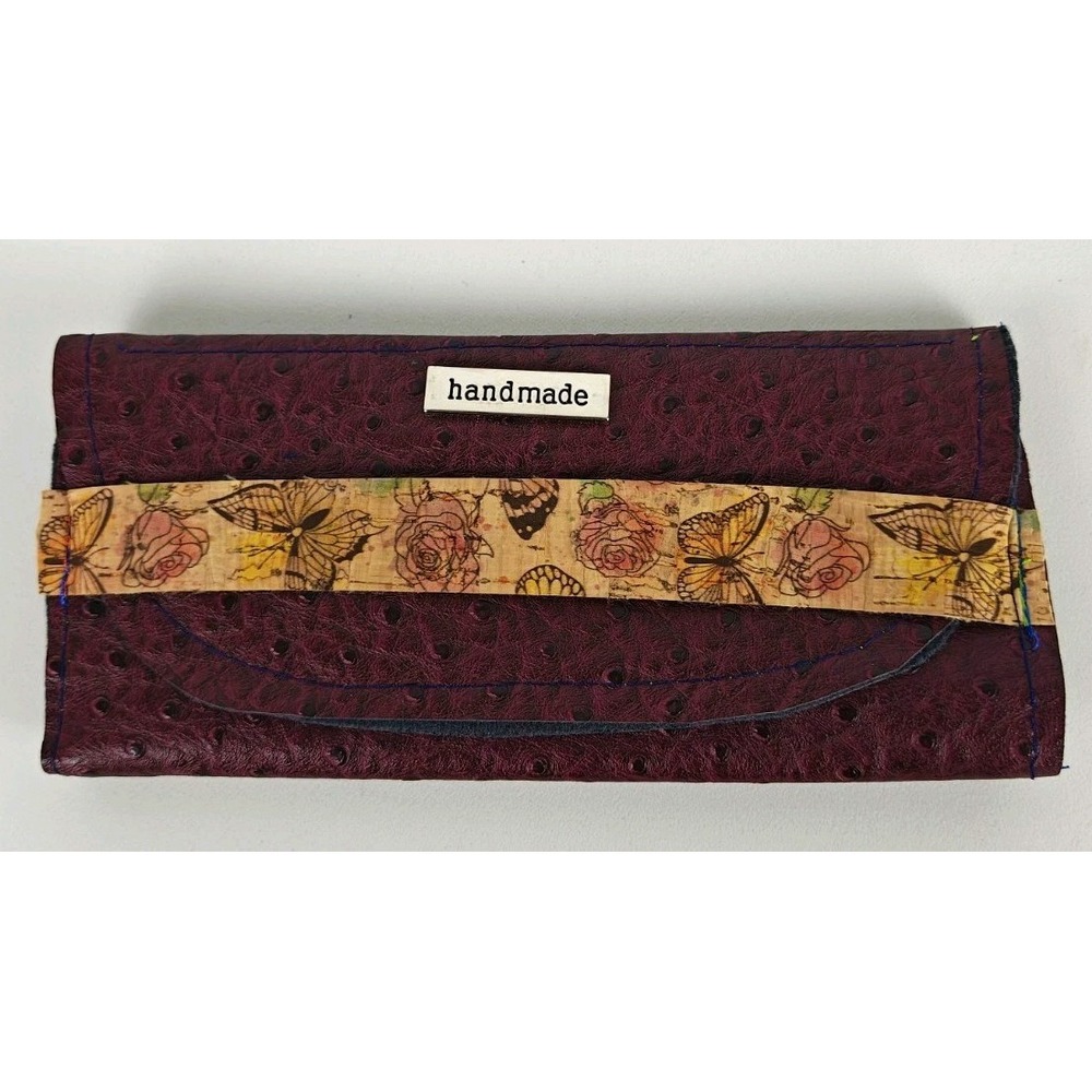 Handmade Genuine Ostrich Leather Burgundy Butterfly Rose Floral Clutch Wristlet